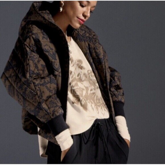 CAbi Wrap Up Puffer Hooded Bomber Jacket S/M Brown Snake Print #4302 Gorp Core - Picture 1 of 10
